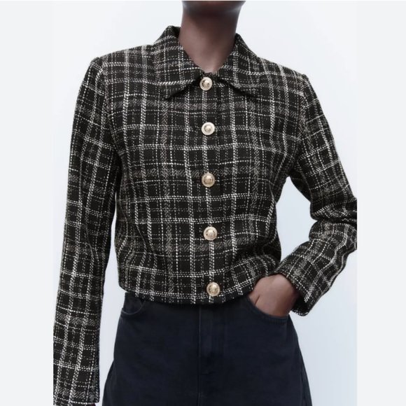 NWOT ZARA TARTAN PLAID GOLD BUTTON DETAIL BLAZER JACKET BLOGGERS FAV - Picture 4 of 11